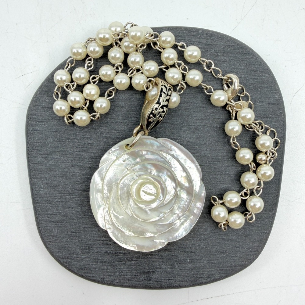 Mother of Pearl Rose Pendant Necklace Statement Pearl Beaded Chain Floral Gift